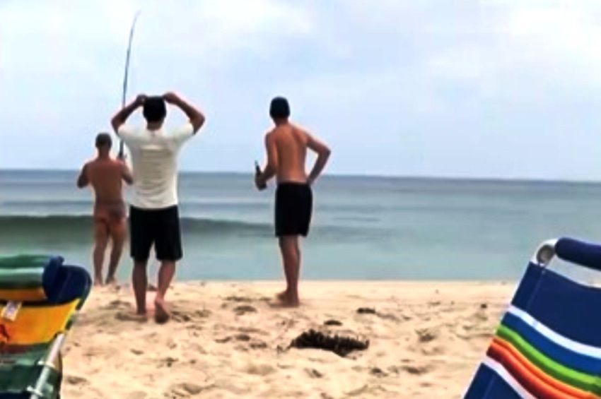 Videón, ahogy fehércápa akad horogra egy strandon