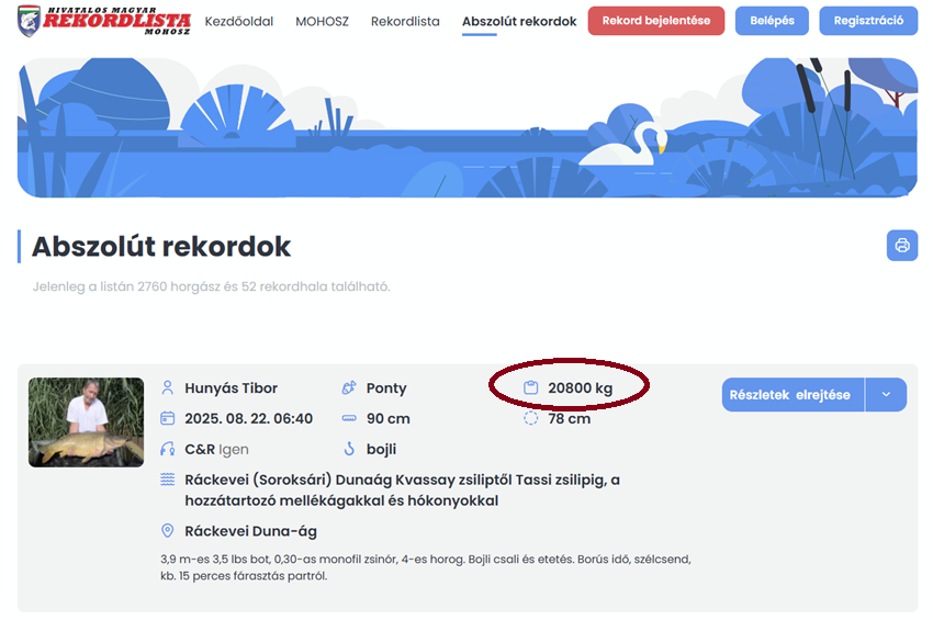 Húszezer-nyolcszáz kilós ponty jelent meg az országos rekordlistán